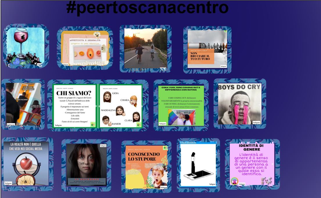 Nell'immagine sono riportati su sfondo blu con sopra la scritta #peertoscanacentro i lavori fatti dai ragazzi